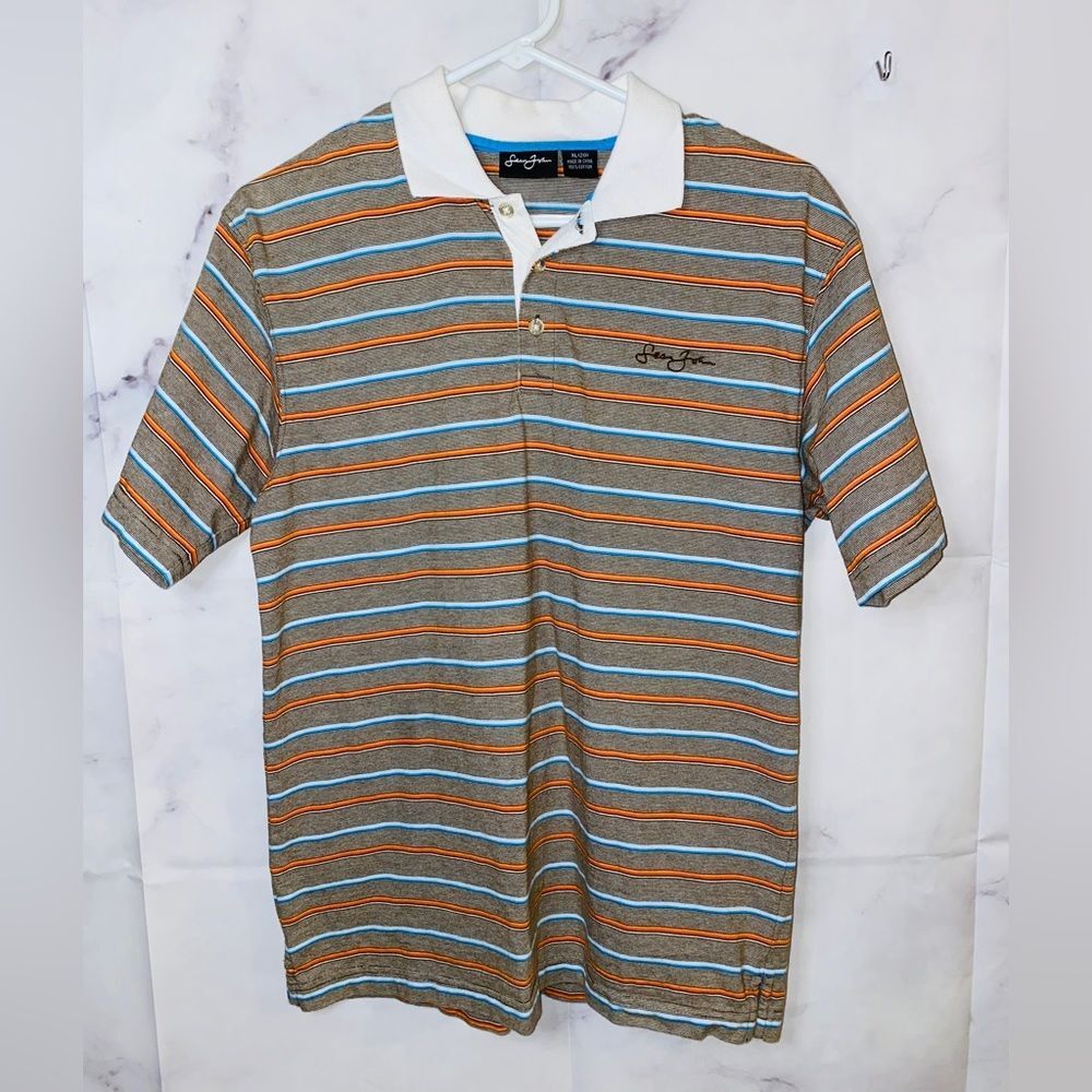 SEAN JOHN polo Men’s XL Pullover Casual Dress shirt. Brown blue & orange